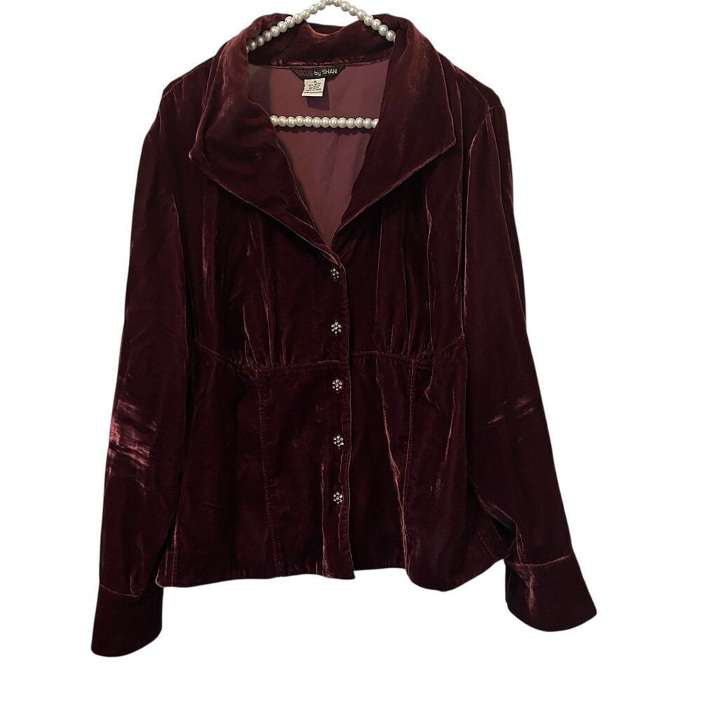 Velvet Button Down Top Blouse Sz 1X Burgundy Red Focus By Shani Boho Babydoll